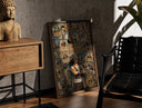 Walnut-framed Usopp with wanted posters print leaning against a sunlit rustic brick wall