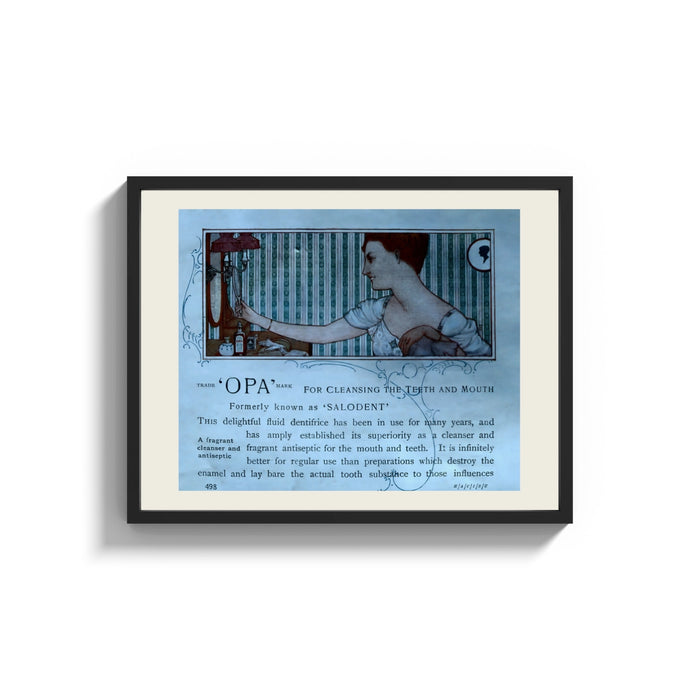 Framed Elegant woman holding hand mirror print shown as a wide statement piece on a clean white wall