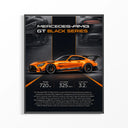 Framed Orange Mercedes-AMG GT Black Series print shown as a statement piece on a gallery wall