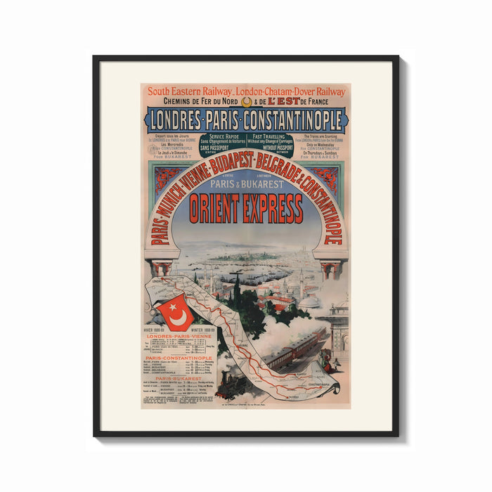 Framed Orient Express railway travel poster print shown as a bold statement piece on a clean gallery wall