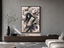 Long-haired man with giant white snake poster framed above a wood console in a concrete-wall living room
