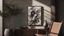 Long-haired man with giant white snake poster framed above a fluted sideboard beside an olive tree