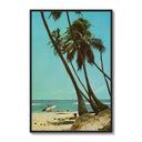 Beach scene with palm trees and surfers poster framed on a white gallery wall