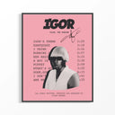 Framed Pink Tyler the Creator IGOR Tracklist print shown as a statement piece on a gallery wall
