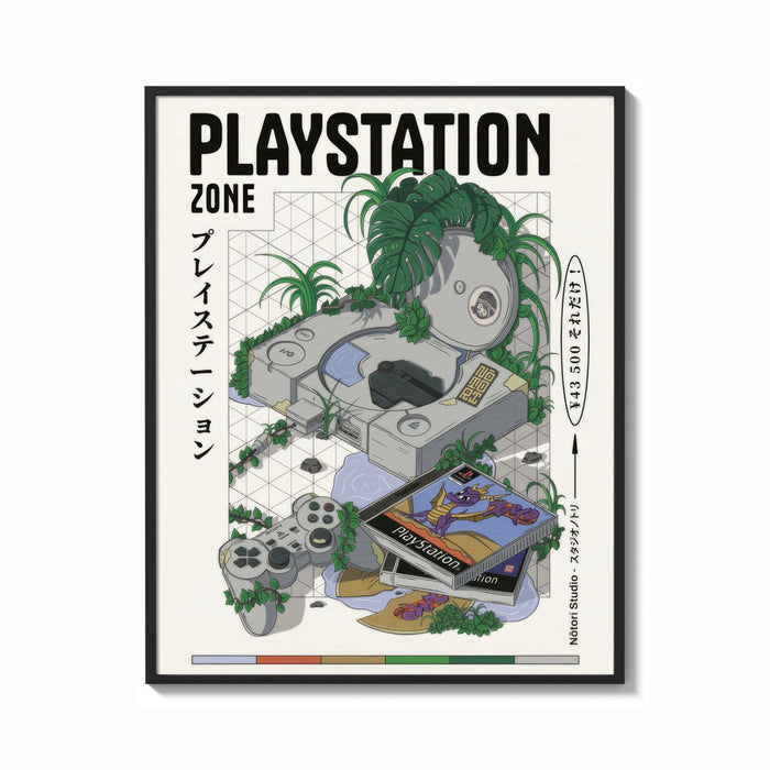 Framed Overgrown PlayStation console with controller print shown as a bold statement piece on a clean gallery wall