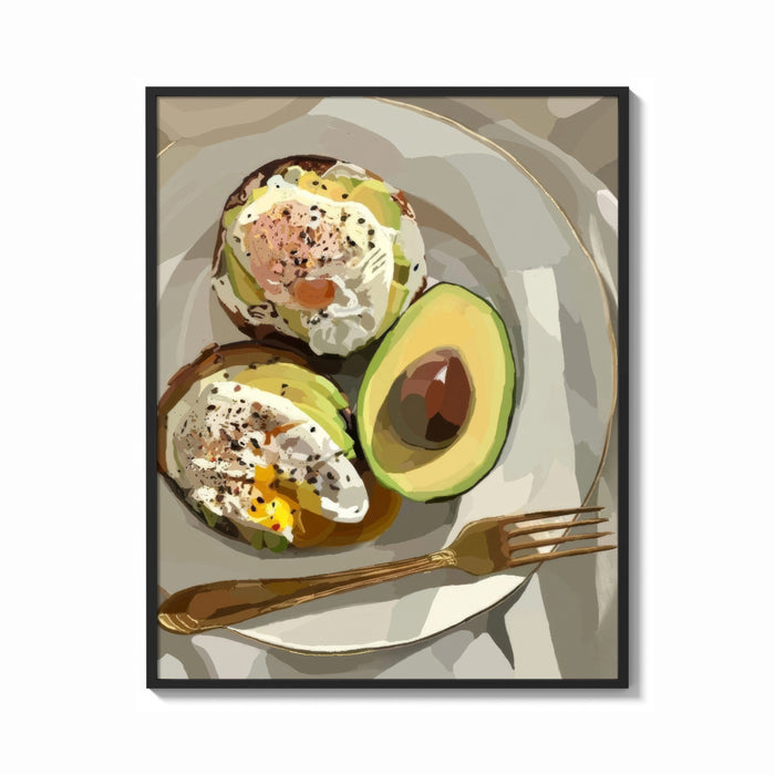 Framed Poached Eggs on Avocado Toast print shown as a bold statement piece on a clean gallery wall