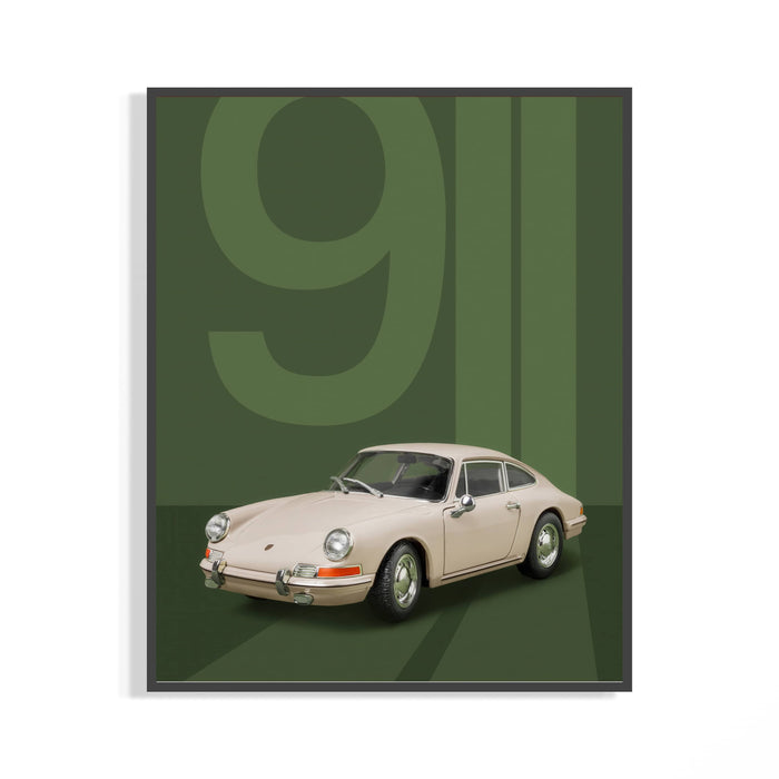 Porsche 911 Classic minimalist green backdrop poster shown in a dark frame on a wall