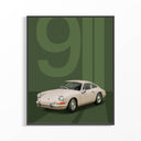 Porsche 911 Classic minimalist green backdrop vintage car poster displayed in a dark frame