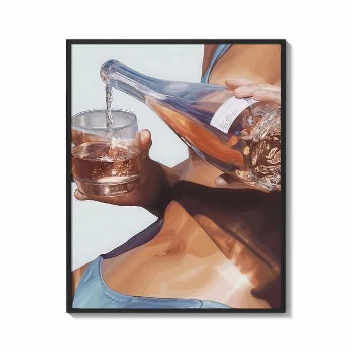 Framed Pouring a Sparkling Drink print shown as a bold statement piece on a clean gallery wall
