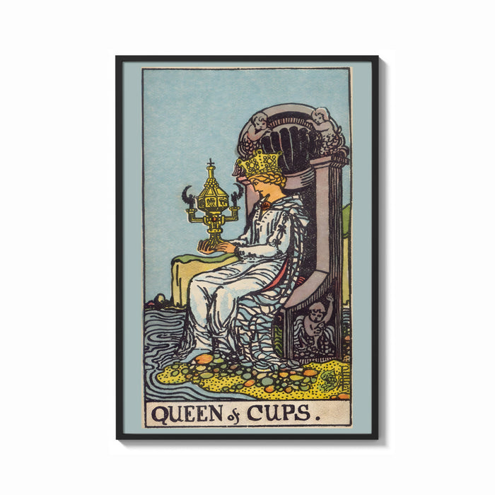 Framed Queen of Cups print shown as a bold statement piece on a clean gallery wall