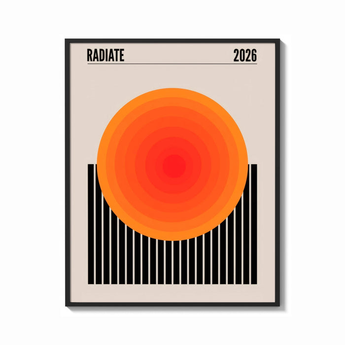 Framed Radiate 2026 Orange Sun print shown as a bold statement piece on a clean gallery wall