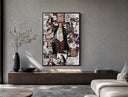 Red-Haired Shanks manga collage poster framed above a wood console in a concrete-wall living room