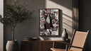 Red-Haired Shanks manga collage poster framed above a fluted sideboard beside an olive tree