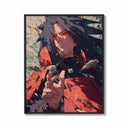 Framed Anime warrior with red eyes print shown as a bold statement piece on a clean gallery wall
