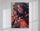 Anime warrior with red eyes poster in a slim frame on a bright wall with soft window light