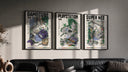 Retro video game console triptych triptych in three black frames on a grey wall above a leather sofa