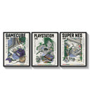 Retro video game console triptych three-panel set arranged as a triptych on a bright gallery wall