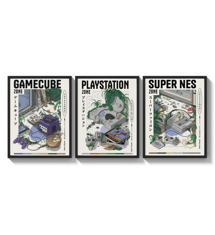 Retro video game console triptych three-panel set arranged as a triptych on a bright gallery wall