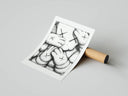 Rolled poster of densely hatched KAWS companion figures with XX eyes in black ink on white paper