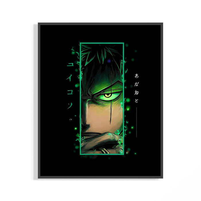 Black framed Zoro green eye One Piece poster hung on a clean minimalist white wall