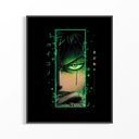 Framed Roronoa Zoro Green Eye One Piece poster in black frame on minimalist white wall
