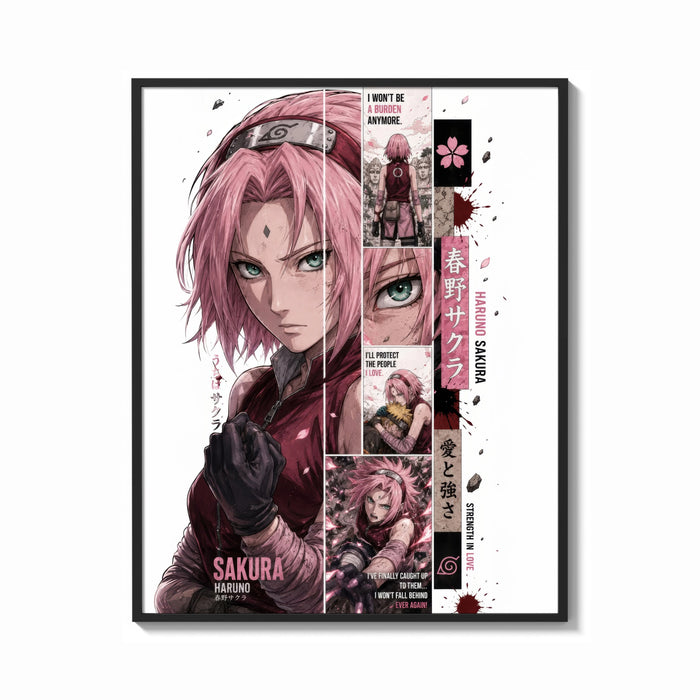 Framed Pink-haired anime kunoichi girl print shown as a bold statement piece on a clean gallery wall