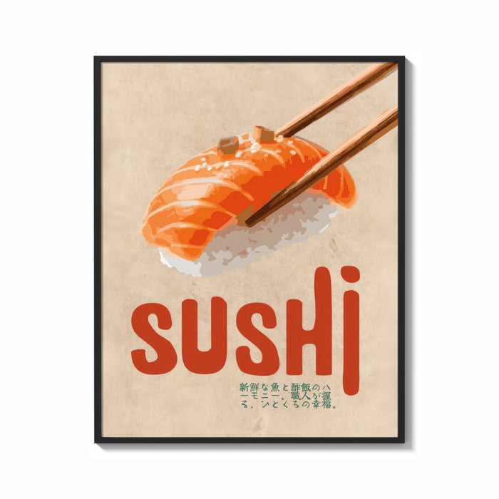 Framed Salmon Nigiri with Chopsticks print shown as a bold statement piece on a clean gallery wall