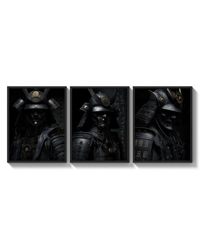 Japanese Warrior Poster Set triptych arranged on a bright gallery wall