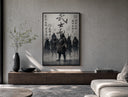 Samurai warriors in armor with swords poster framed above a wood console in a concrete-wall living room