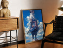 Brass-framed anime ninja with sword print leaning in a warm styled corner by a sculpture