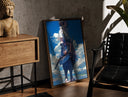 Walnut-framed anime ninja with sword print leaning against a sunlit rustic brick wall
