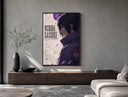 Anime male character profile portrait poster framed above a wood console in a concrete-wall living room