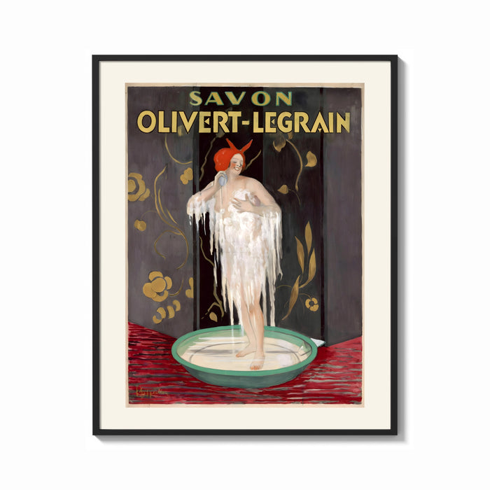 Framed Woman bathing in soap suds print shown as a bold statement piece on a clean gallery wall