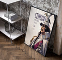 Marine fleet admiral in white uniform poster in a black frame leaning beside a shelf in a raw-plaster loft
