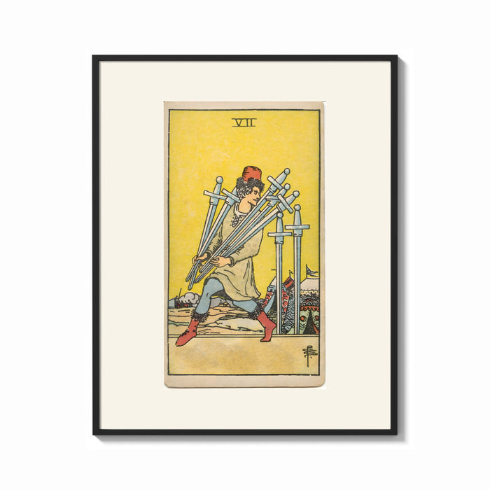 Framed Man carrying five swords print shown as a bold statement piece on a clean gallery wall