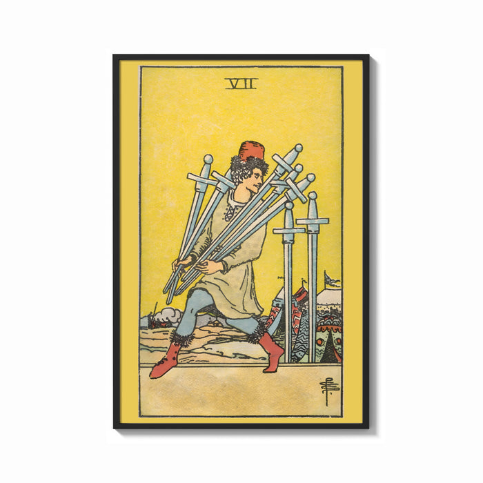 Framed Seven of Swords print shown as a bold statement piece on a clean gallery wall