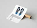 Side profile of blue Travis Scott Air Jordan 1 High poster resting on a cardboard shipping tube