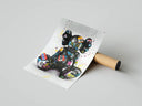 Sitting KAWS companion covered in multicolor graffiti tags and stickers, unrolled from cardboard shipping tube on gray