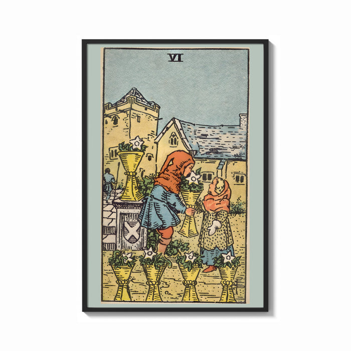 Framed Six of Cups print shown as a bold statement piece on a clean gallery wall