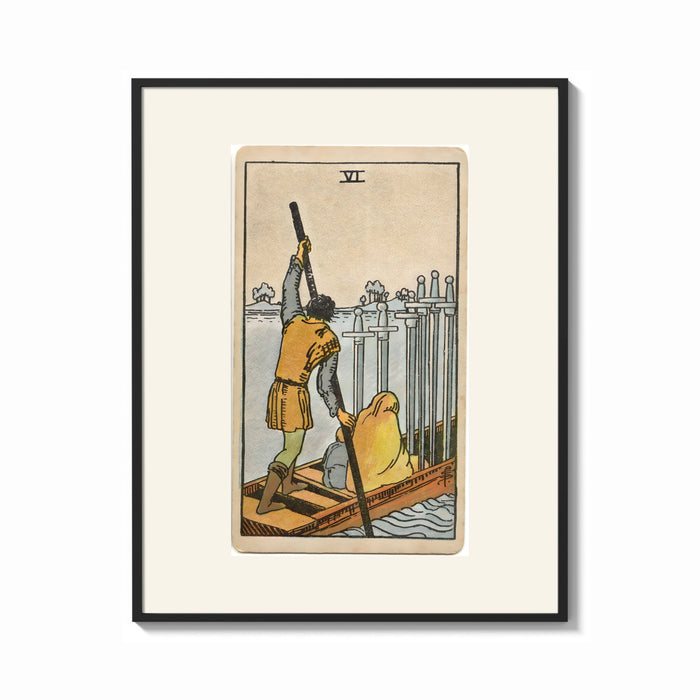 Framed Ferryman poling boat with swords print shown as a bold statement piece on a clean gallery wall