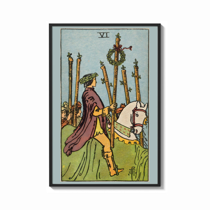 Framed Six of Wands print shown as a bold statement piece on a clean gallery wall