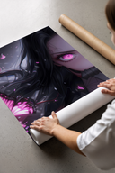 Anime girl with pink eyes print laid flat in a styling flatlay