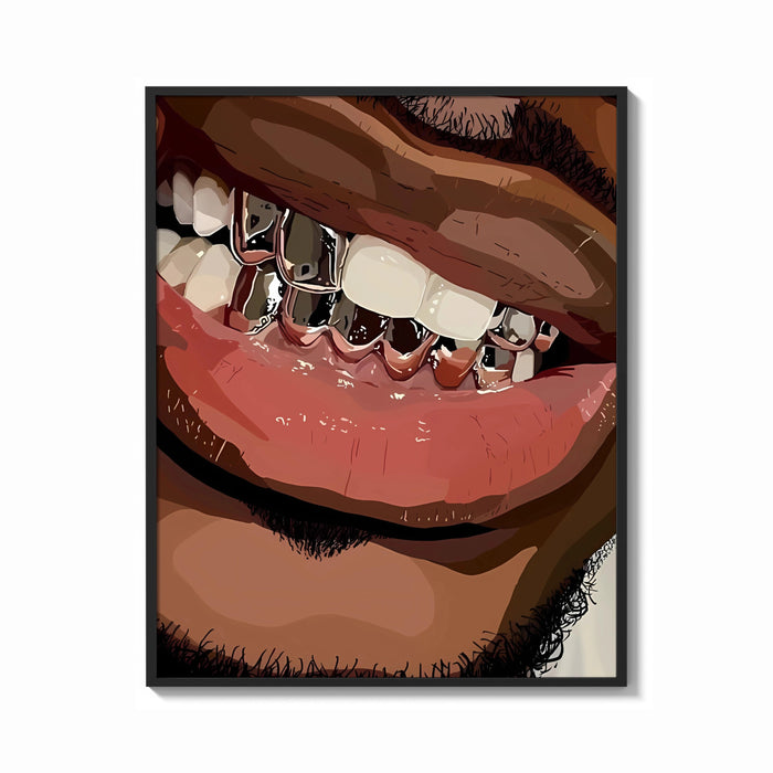 Framed Silver Grillz Smile print shown as a bold statement piece on a clean gallery wall