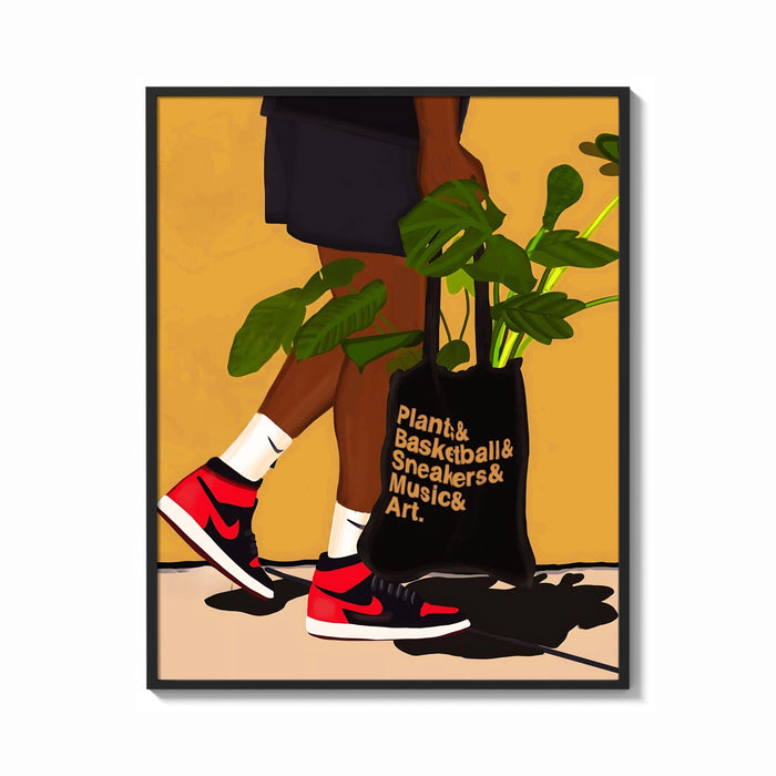 Framed Red High-Tops and Plant Tote print shown as a bold statement piece on a clean gallery wall