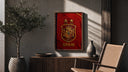 Spain national football crest emblem poster framed above a fluted sideboard beside an olive tree