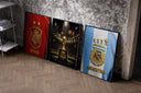 FIFA World Cup 2026 Final trophy and crests set of three black-framed prints leaning against a raw-plaster wall