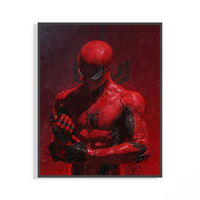 Spider-Man poster in red and black suit cracking his fists against a dark red background inside a display mockup frame