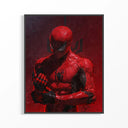 Spider-Man Red Suit Portrait poster in black frame with Spider-Man cracking fists in red and black suit against dark red background