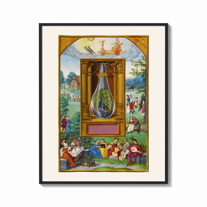 Framed Peacock inside glass alchemical vessel print shown as a bold statement piece on a clean gallery wall