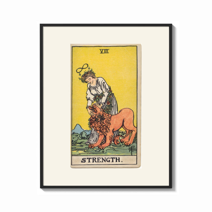 Framed Woman taming a lion print shown as a bold statement piece on a clean gallery wall